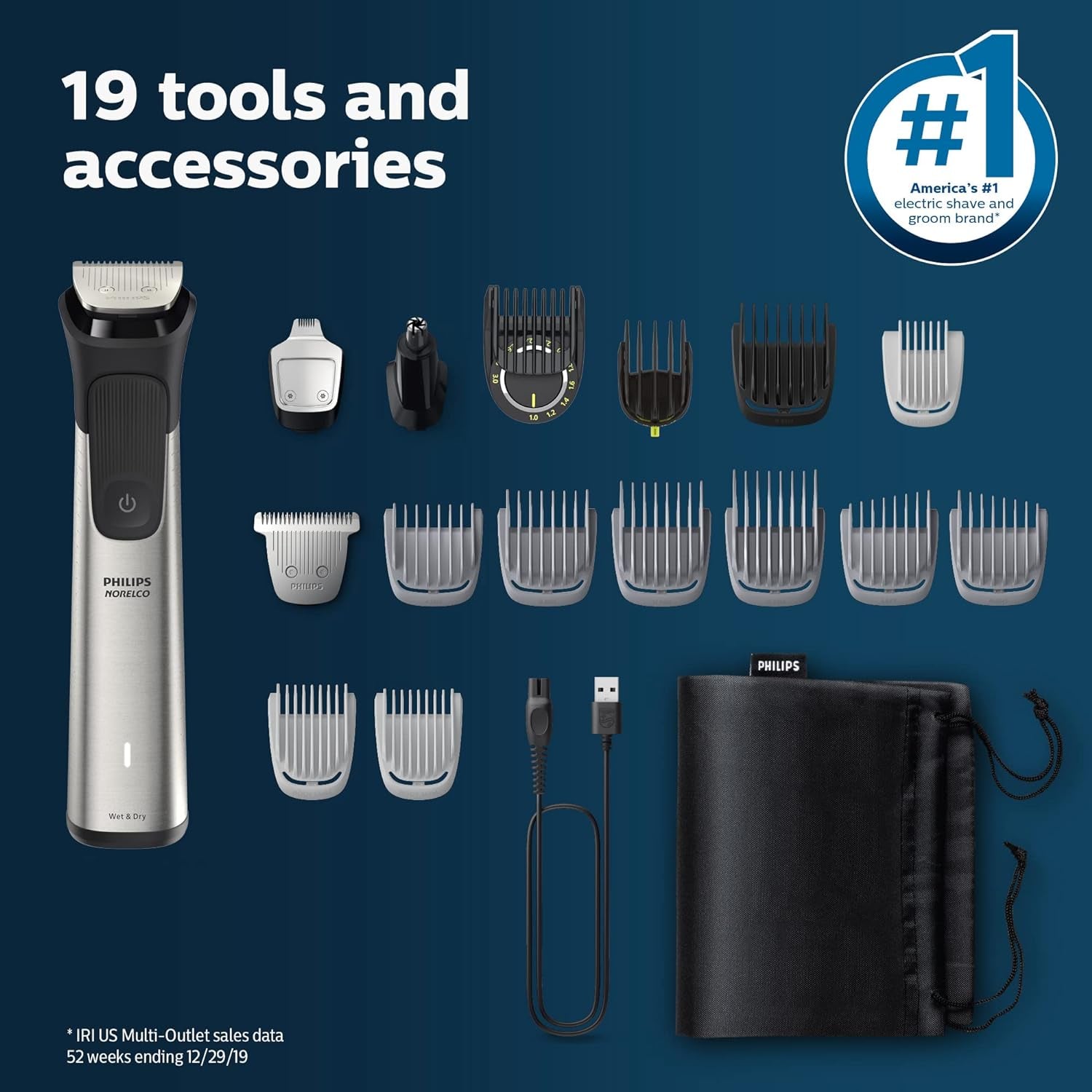 Multigroom 7000 Series, All-In-One Trimmer, Beard Trimmer and Hair Clipper, 19-Piece Men'S Grooming Kit for Beard, Head, Hair, Body, and Face, Soft Pouch, MG7910/49