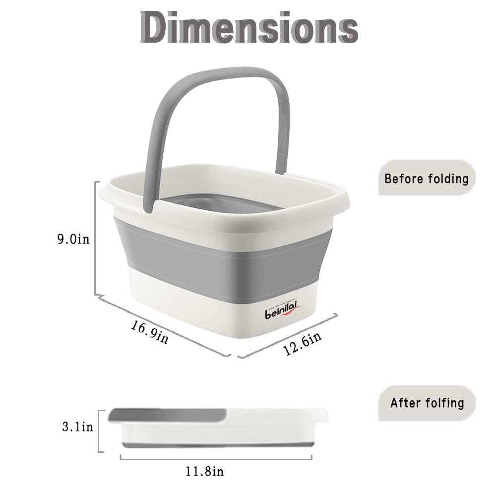 Collapsible Foot Bath Basin for Soaking Feet,Foot Soak Tub,Plastic Foot Bucket with Handles and Massage Acupoint,Foldable Laundry Basket-Gery