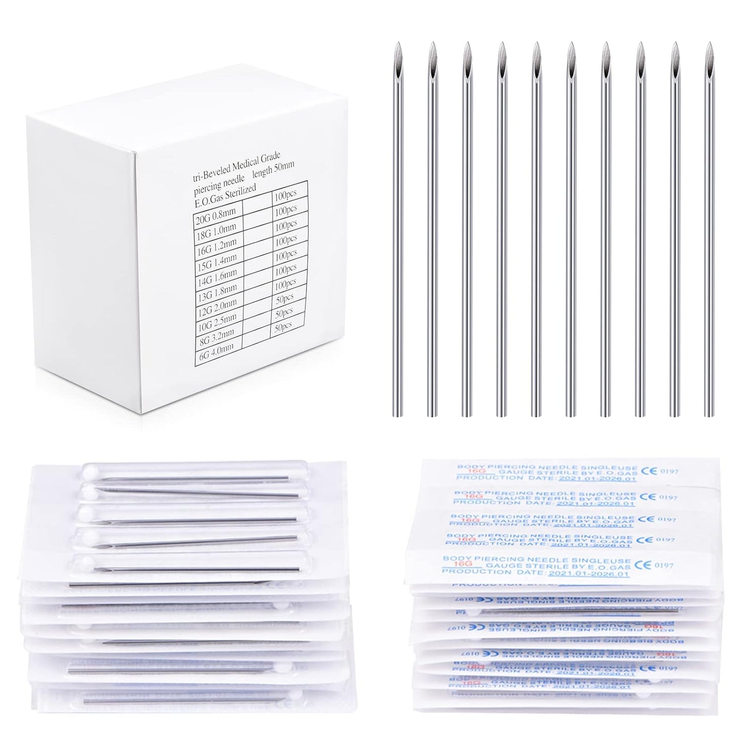 25PCS Mixed Body Piercing Needles, 12G 14G 16G 18G 20G Disposable Sterile Stainless Steel Piercing Needles for Ear Nose Navel Belly Nipple Tongue Lip Piercing