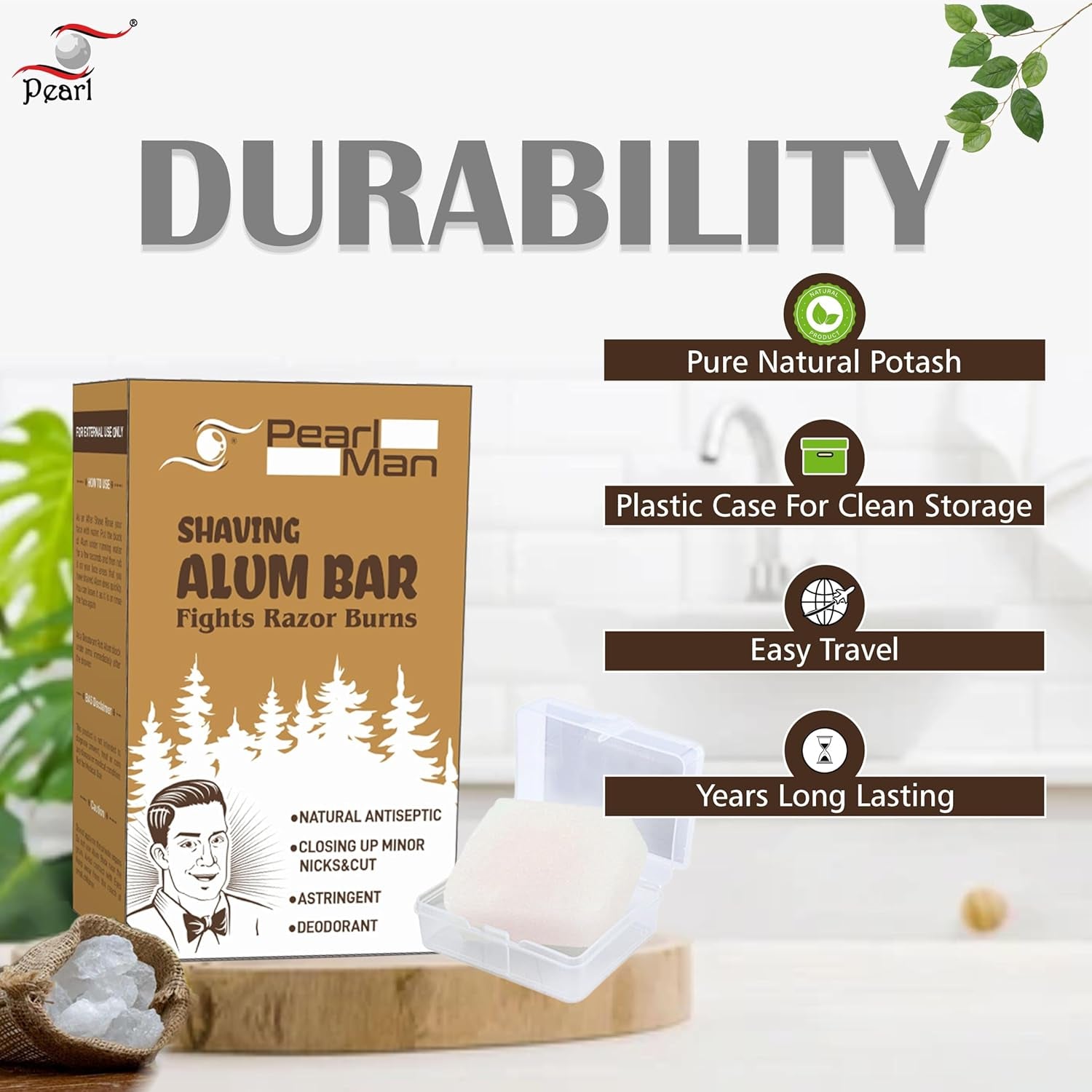 Shaving Alum Bar (Fitkari) - 100G | 100% Pure Natural Alum Stone | Gentle & Effective Aftershave| Ideal for Razor Burn Relief | Chemical-Free Shaving Aid, White