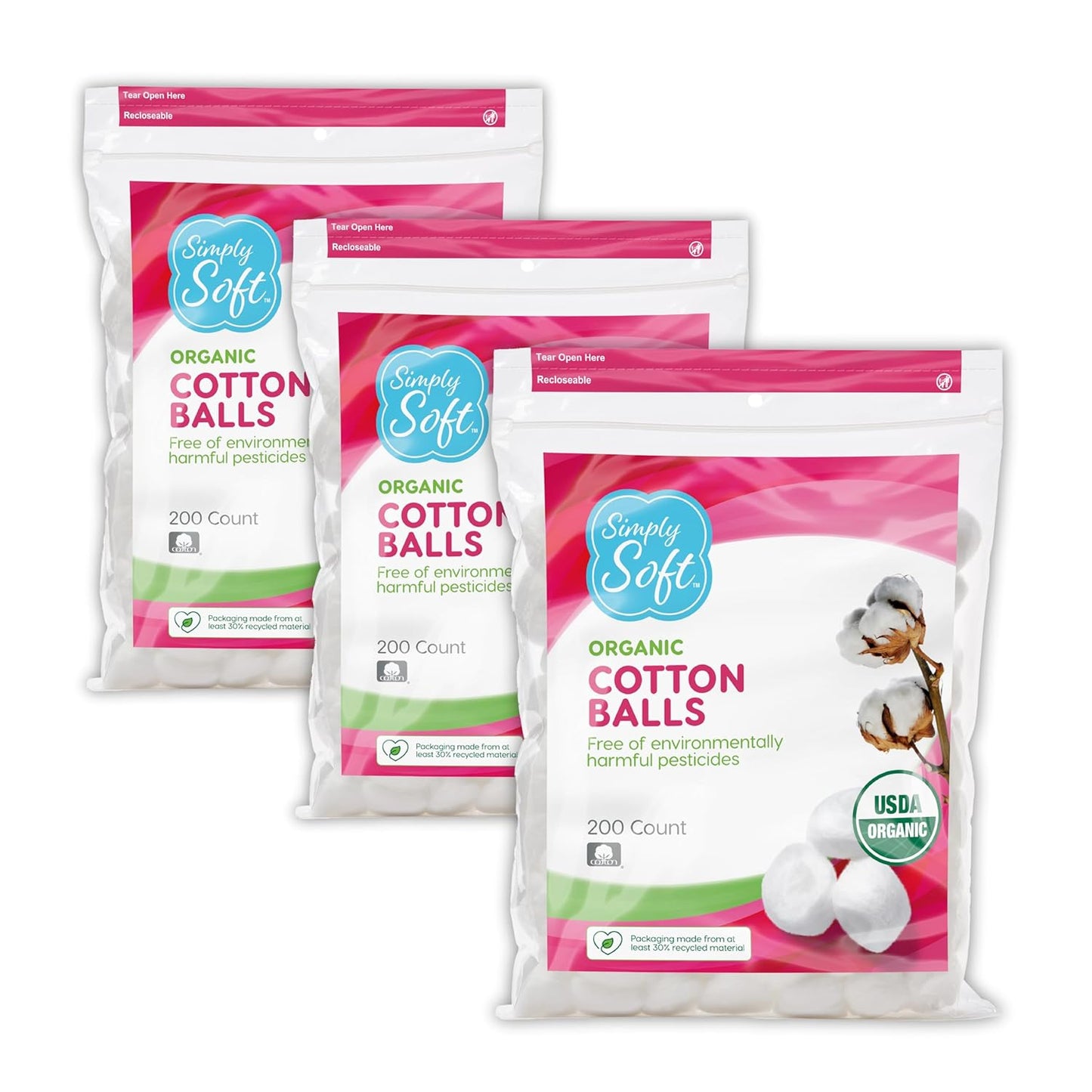 Simply Soft Premium Organic Cotton Balls, 600 Count (3 Bags) 100% Pure Cotton, Certified Organic, Hypoallergenic, Large, Soft & Absorbent for Beauty, Cosmetics, Skin Care, Lint Free