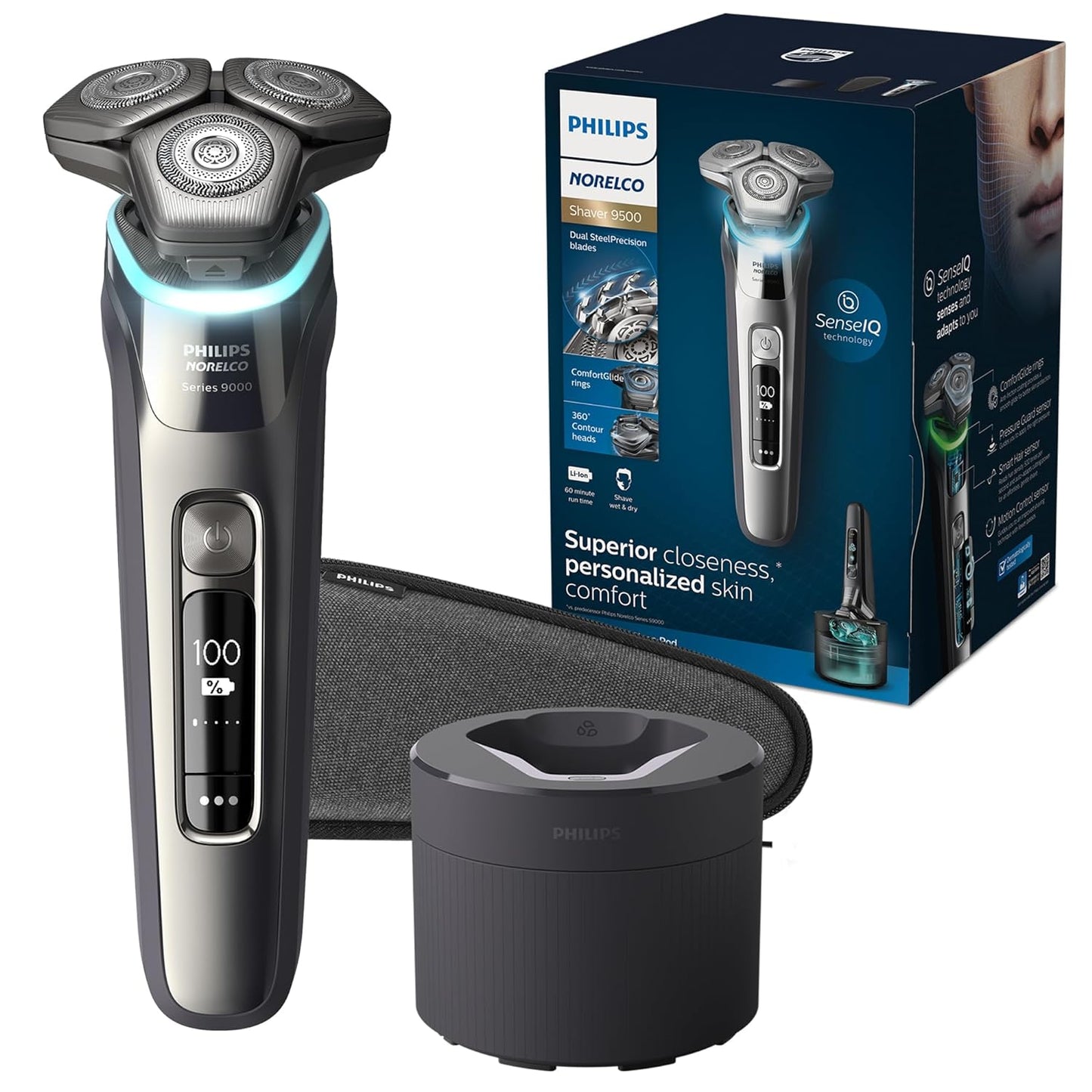 Shaver Series 9000, Wet and Dry Electric Shaver, with Lift & Cut Shaving System and Senseiq Technology, Pop-Up Trimmer, Cleaning Pod, Charging Stand and Travel Case, Model S9987/85