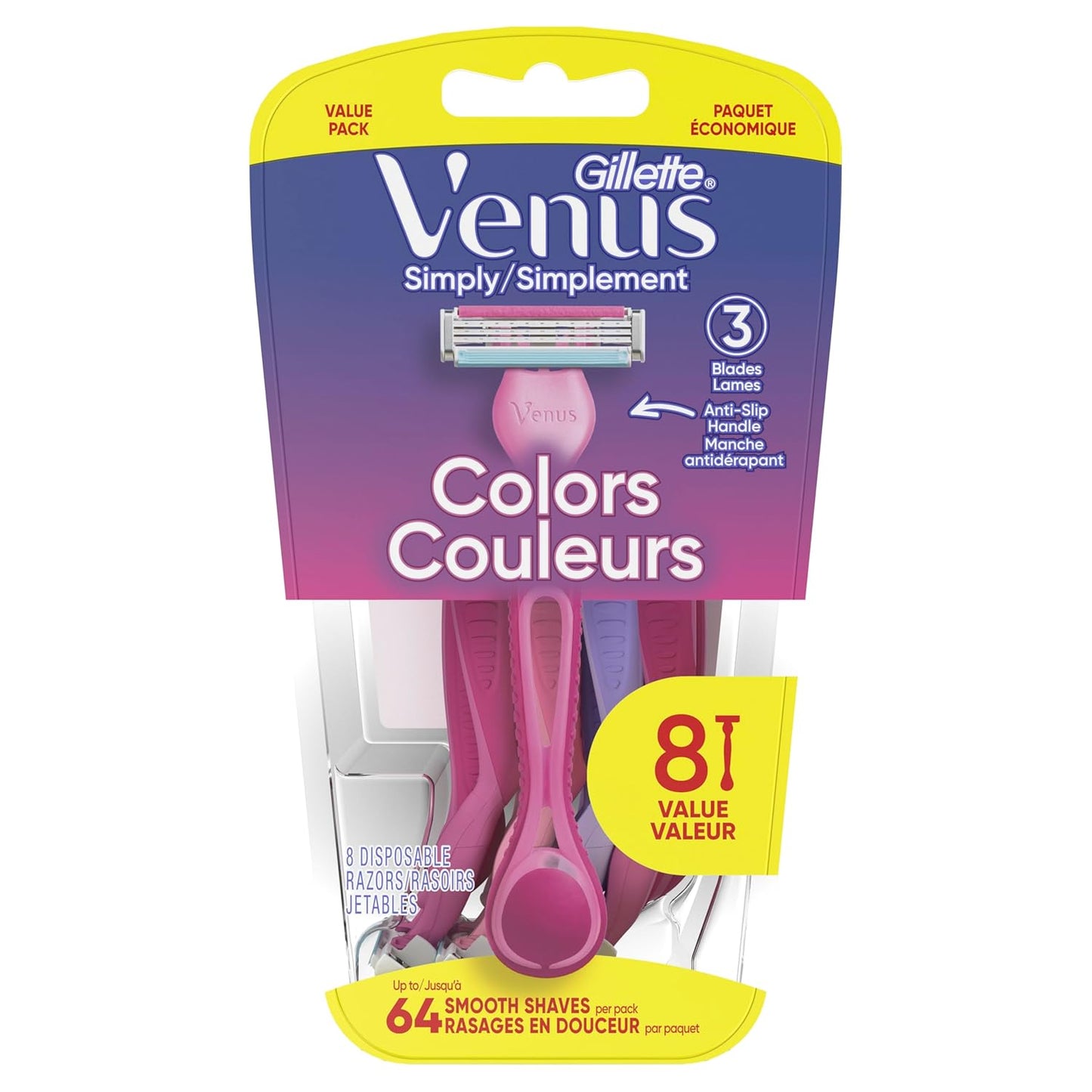 Venus Simply3 Disposable Razors for Women, 8 Count, Designed for a Close and Comfortable Shave