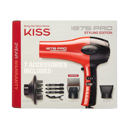 1875 Watt Pro Tourmaline Ceramic Hair Dryer, 3 Heat Settings, 2 Speed Slide Switch, Cool Shot Button, 2 Detangler Combs, 1 Concentrator, 1 Diffuser, Removable Filter Cap & 4 Sectioning Clips