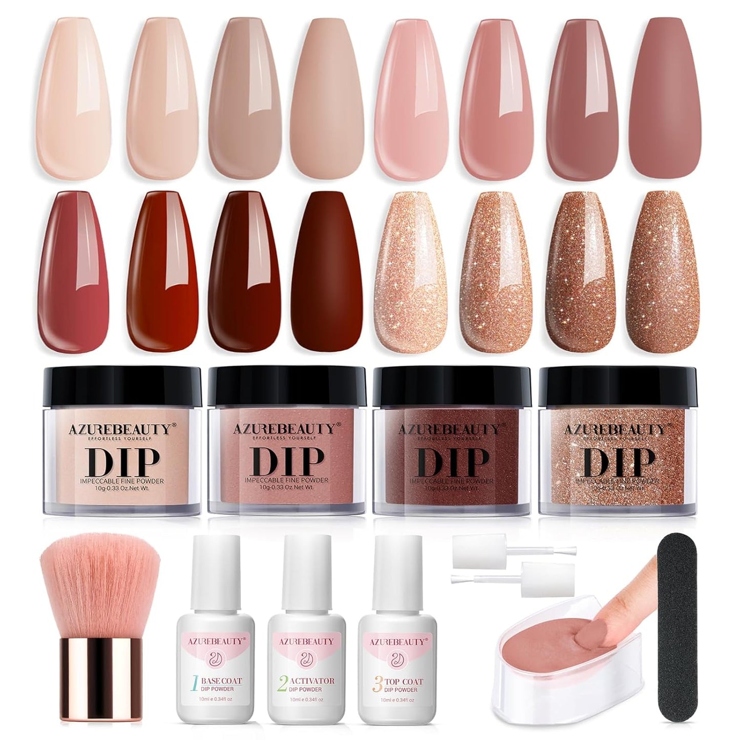 Dip Powder Nail Kit Starter, All Season Nude Skin Glitter 4 Colors Dipping Powder Liquid Set Recycling Tray with Base & Top Coat Activator for French Nail Art Manicure Salon DIY at Home.