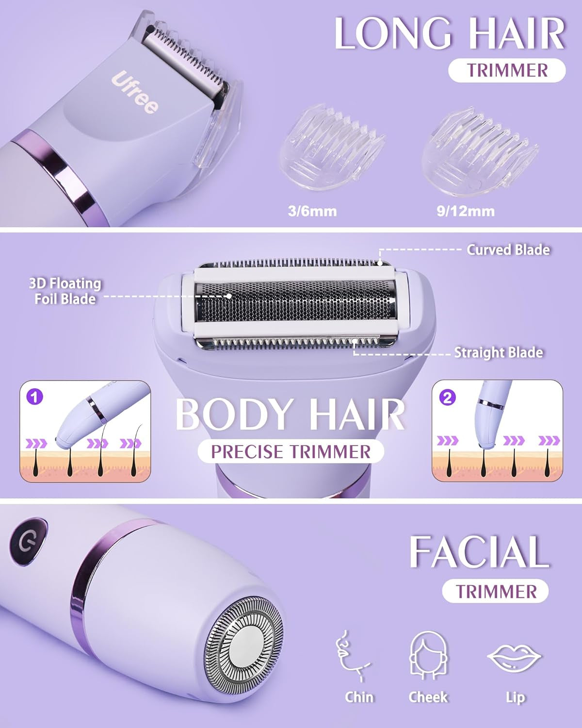 Bikini Trimmer for Women, Electric Razors for Women, Rechargeable Pubic Hair Trimmer Womens Electric Shaver for Legs Body Hair, Bikini Shaver IPX7 Waterproof, Gifts for Women, Purple