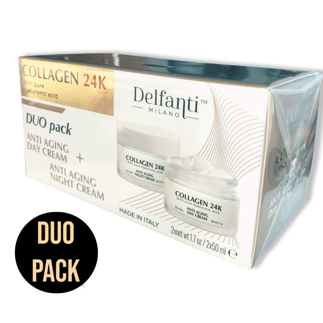 Delfanti • COLLAGEN 24K • Anti-Aging DUO Pack • Day Cream Jar plus Night Cream Jar• Face, Neck and Décolleté Moisturizers with Pure Hyaluronic Acid • Made in Italy