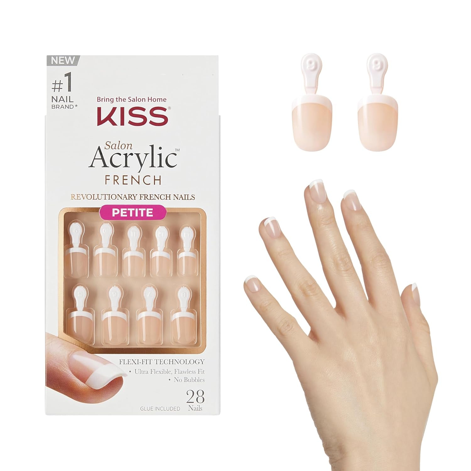 Salon Acrylic, Press-On Nails, Nail Glue Included, 'Crush Hour', French, Petite Size, Squoval Shape, Includes 28 Nails, 2G Glue, 1 Manicure Stick, 1 Mini File