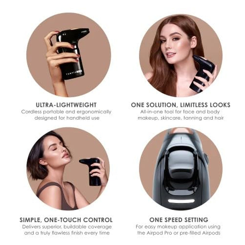 One Airbrush Make-Up Kit with Cordless Compressor, 6 Shades: 11-Piece Set, Portable Air Brush Machine & Airpod Pro, 3 Shades of Foundation, Blush, Bronzer, Instant Concealer, Perfect Complexion