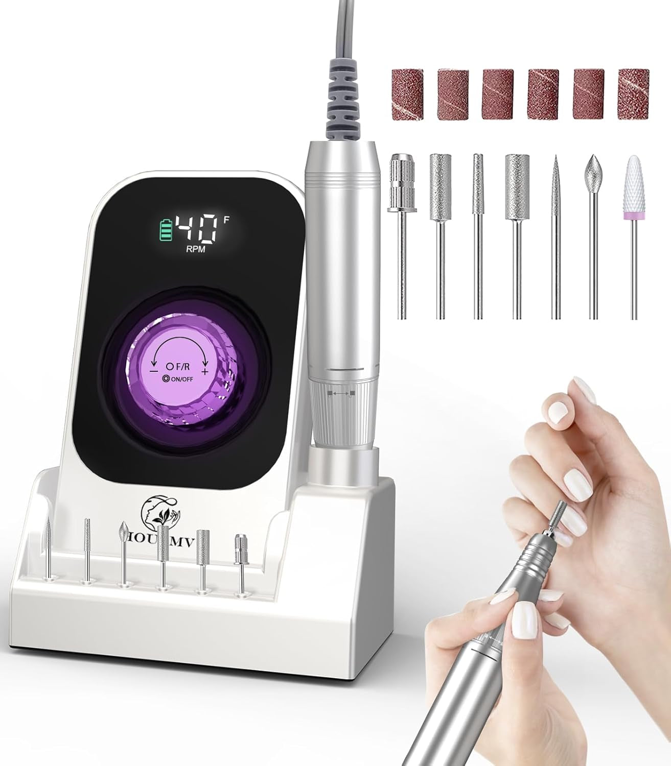 Portable Nail Drill Electric File: 40000RPM Professional Rechargeable Nail E-File Machine, Cordless Nail Drill with Bits & Base for Acrylic Nails Remove Nail Gel Polish Manicure for Salon Home, White