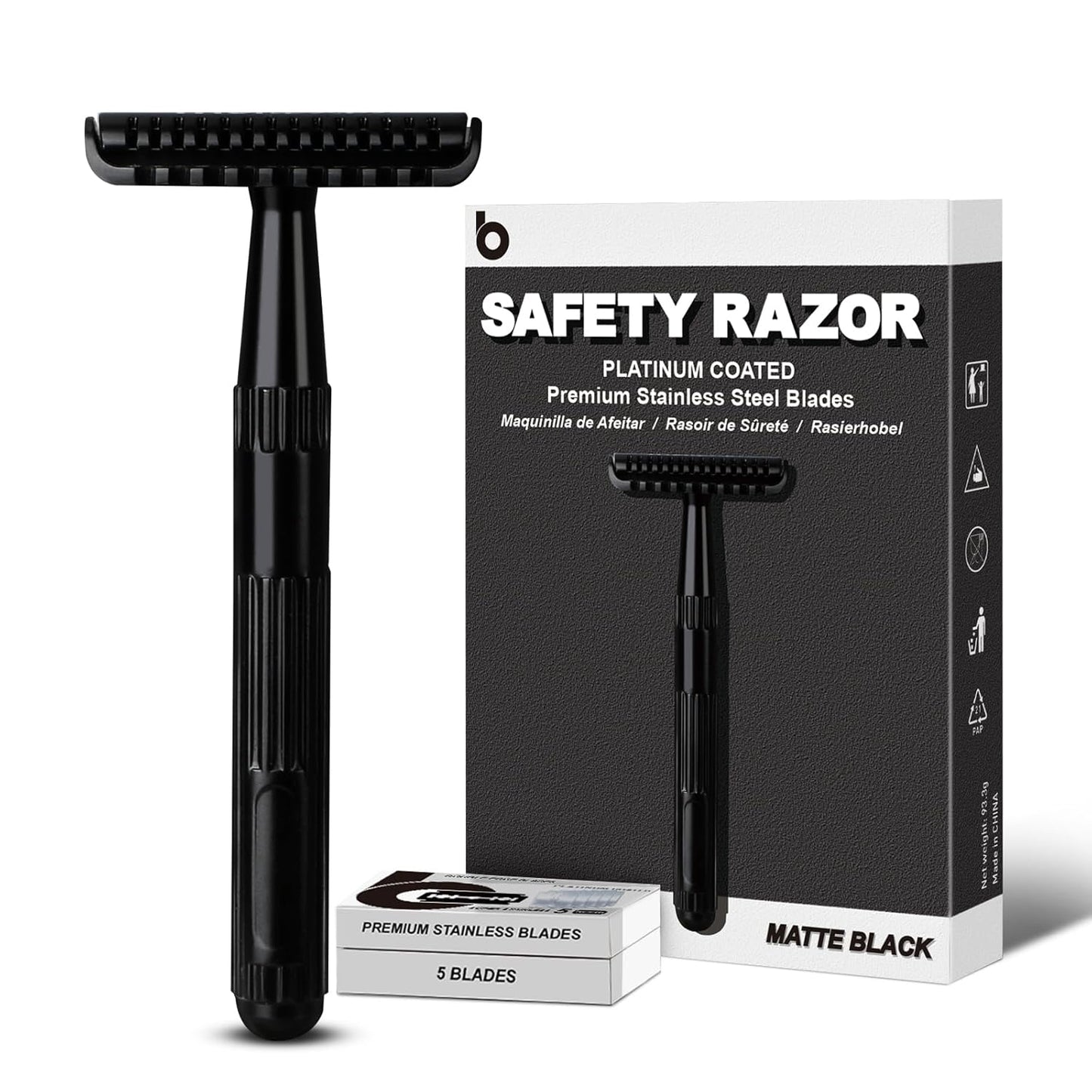 Matte Black Safety Razor for Men & Women, Single Blade Razor, Double Edge Safety Razor, 1 Blade Razor, Mens Safety Shaving Razors, Reusable Metal Razor, 10 Safety Razor Blades, Smooth and Close Shave