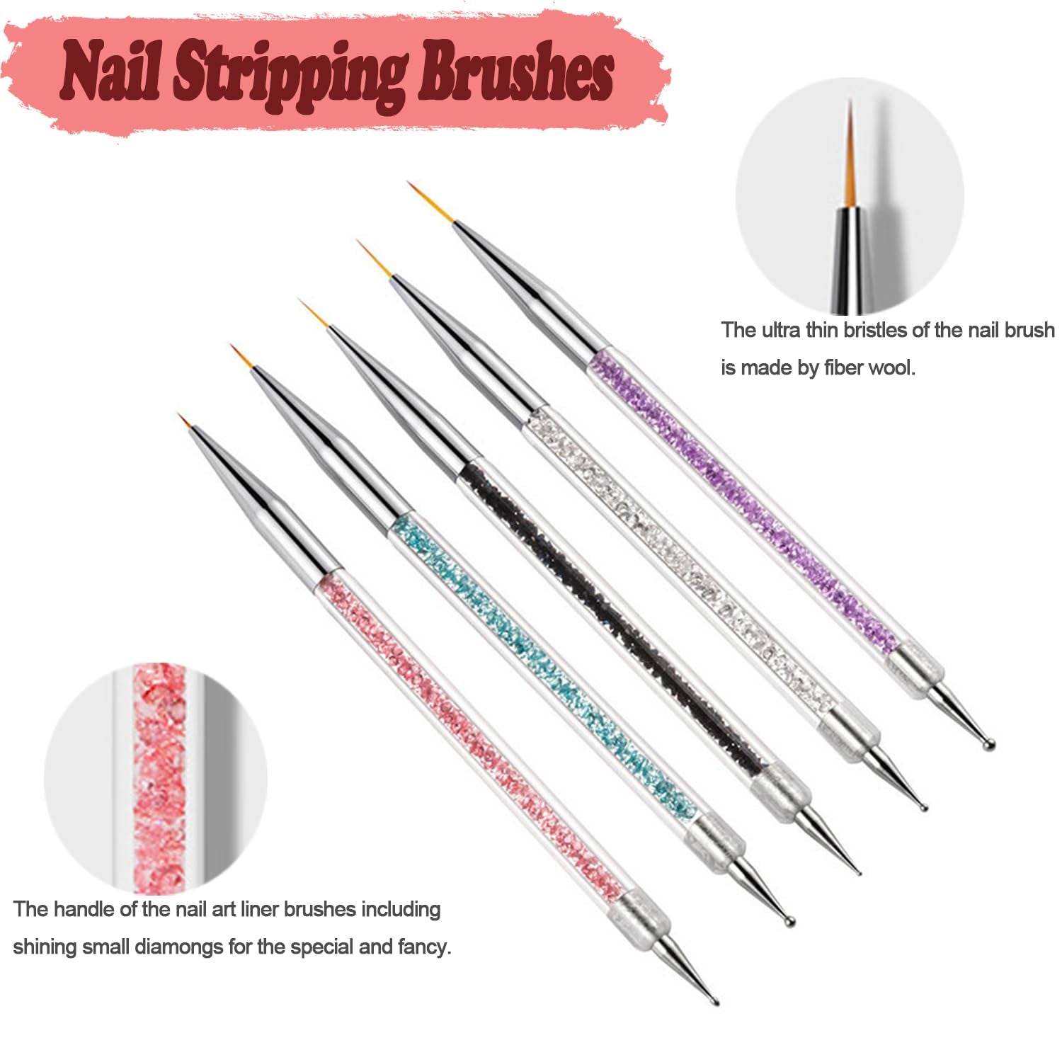 Nail Art Brushes, 5Pcs Nail Liner Brushes Double-Ended Acrylic Nail Brush Set 5/7/10/12/15Mm Nail Striping Brushes for French Nails Nail Dotting Pens