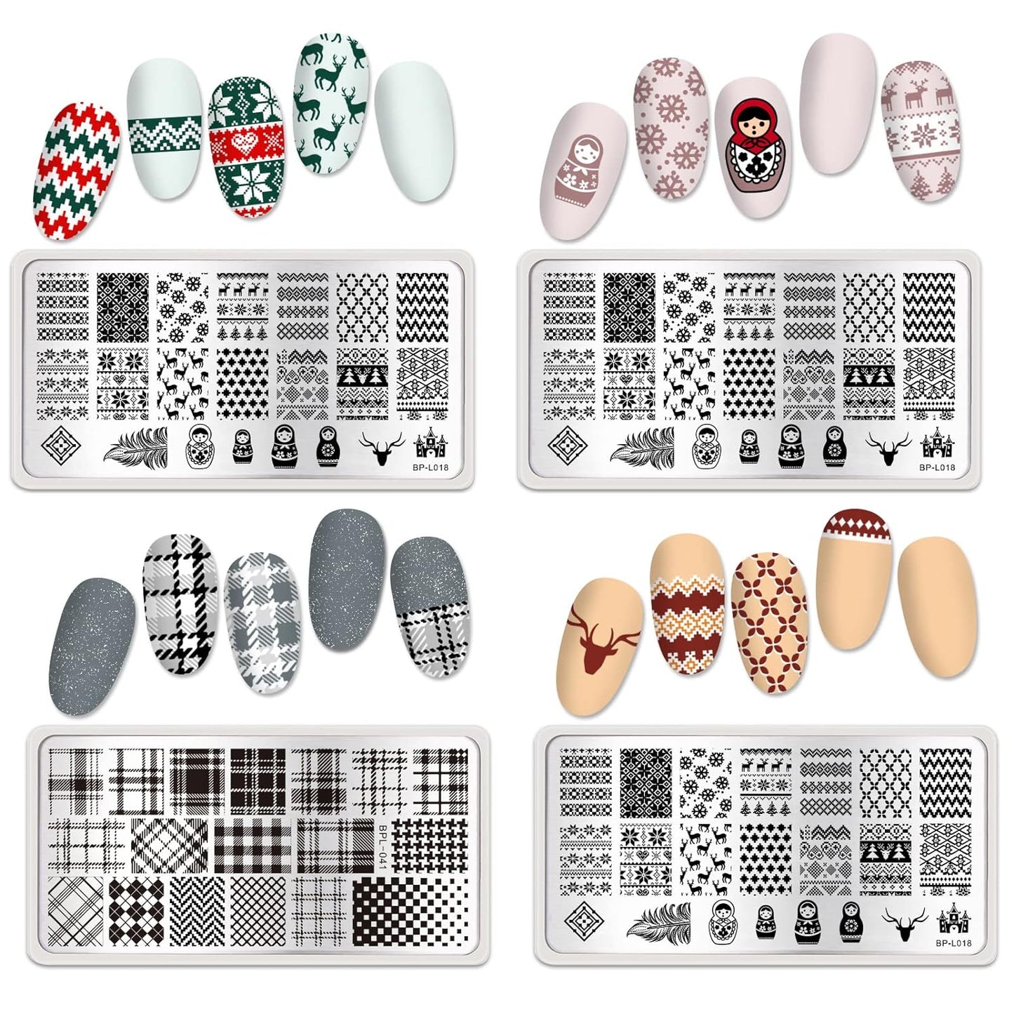 Nail Stamping Plates Set Plaid Flowers Leaves Lace Nail Art Image Plates Spring into Winter Stamp Templates Kit Image Manicuring DIY Printing Tools 8PCS