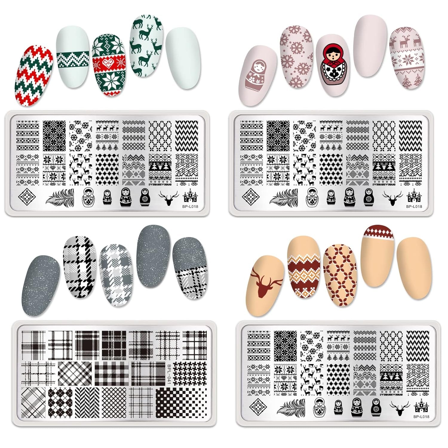 Nail Stamping Plates Set Plaid Flowers Leaves Lace Nail Art Image Plates Spring into Winter Stamp Templates Kit Image Manicuring DIY Printing Tools 8PCS