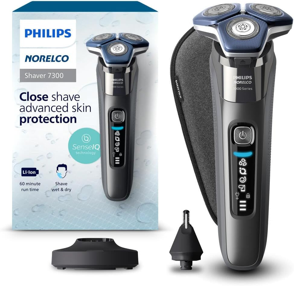 Shaver 7300, Rechargeable Wet & Dry Electric Shaver with Senseiq Technology, Pop-Up Trimmer, Charging Stand, Click-On Nose Trimmer, & Travel Case, S7887/92