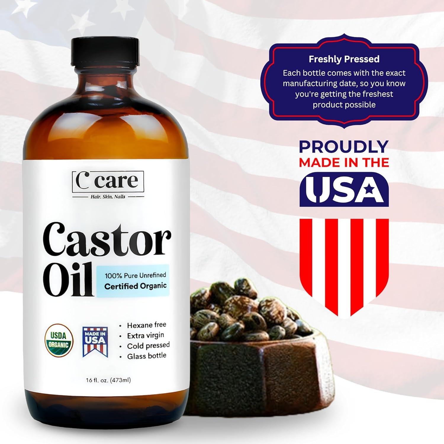 Castor Oil Organic Cold Pressed Unrefined Glass Bottle USDA Certified 100% Pure Organic Castor Oil Hexane Free Extra Virgin for Hair Growth Eyebrows Eyelashes Skin Use with Castor Oil Pack Wrap