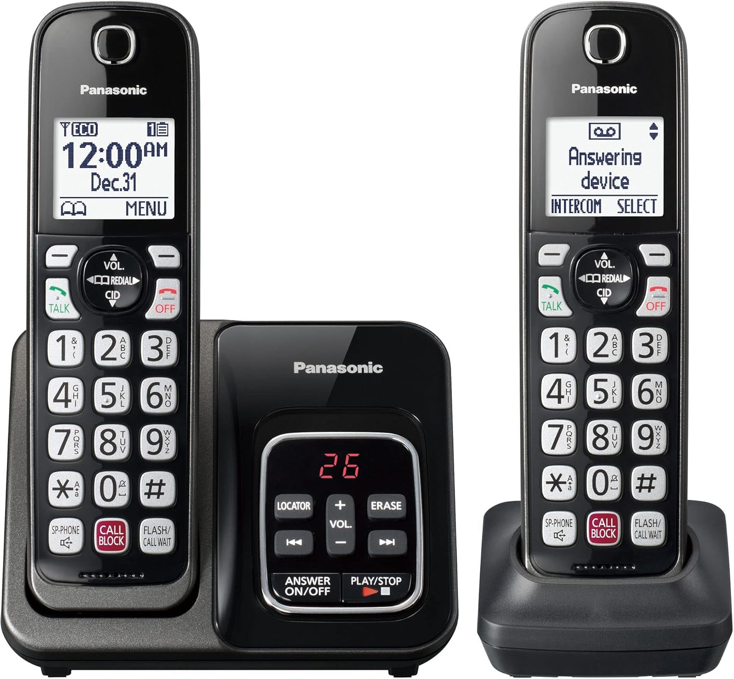 Cordless Phone with Answering Machine, Advanced Call Block, Bilingual Caller ID and Easy to Read High-Contrast Display, Expandable System with 2 Handsets - KX-TGD832M (Metallic Black)