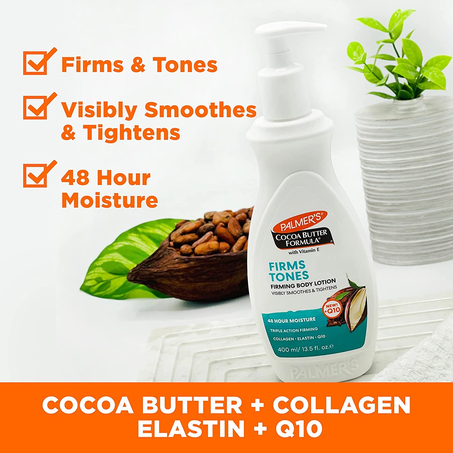 Cocoa Butter Formula Skin Firming Body Lotion, Toning & Tightening Cream with Q10, Collagen & Elastin, Pump Bottle, 13.5 Oz.