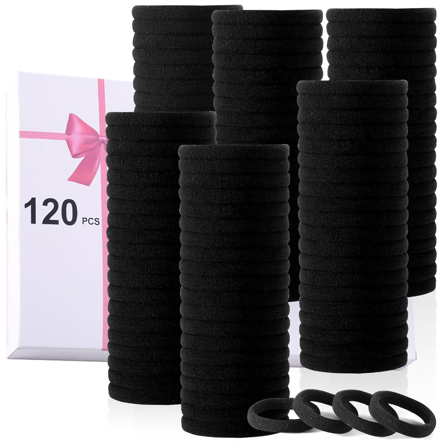 120 Pcs Black No Damage Hair Ties for Women Thick Hair, Large Soft Seamless Nylon Cloth Fabric Elastic Hair Ties Ponytail Holders Hair Elastics Hair Band,Perfect Valentine'S Day Gift for Women