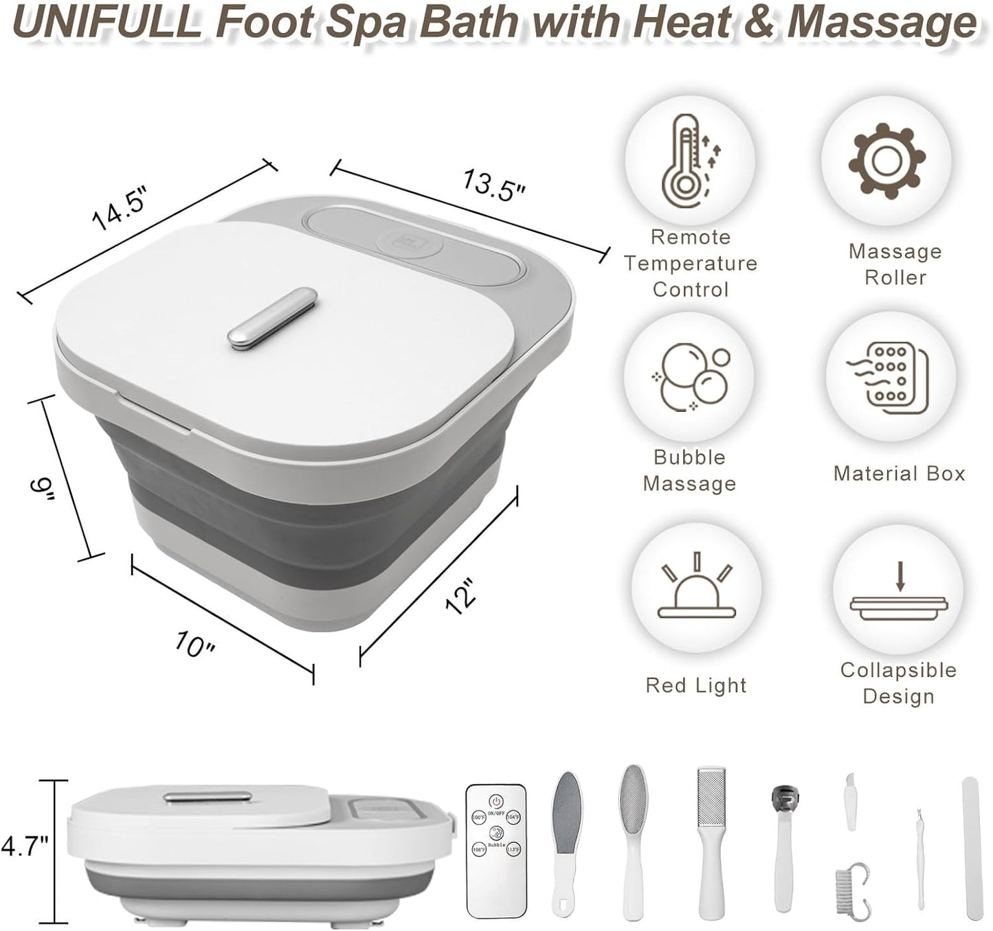 Collapsible Foot Spa Bath with Heat and Massage Rollers, Bubble, Foot Pedicure Kit, Temperature Control, Red Light, Pedicure Foot Spa, Foot Bath