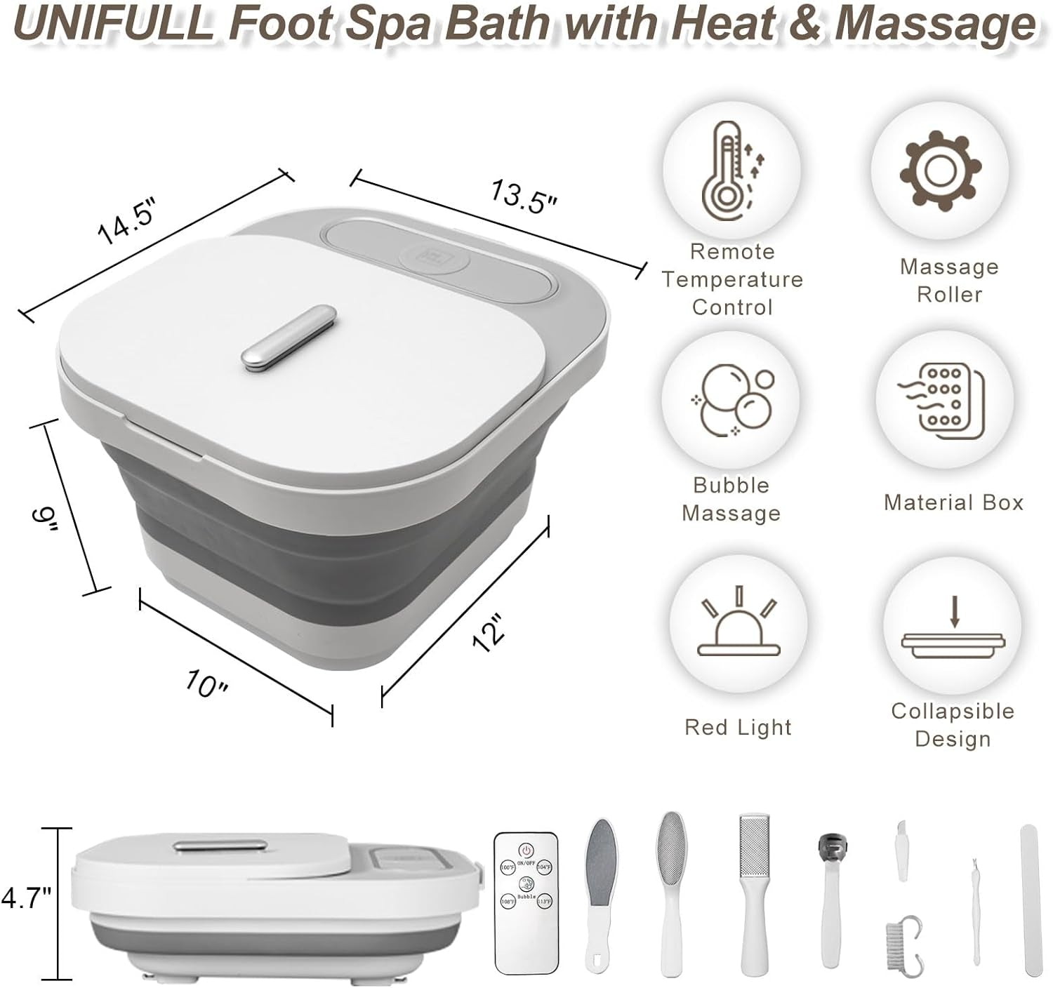 Collapsible Foot Spa Bath with Heat and Massage Rollers, Bubble, Foot Pedicure Kit, Temperature Control, Red Light, Pedicure Foot Spa, Foot Bath