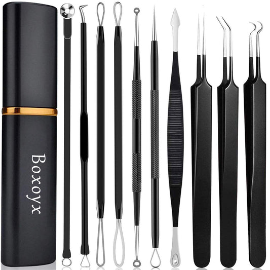 Pimple Popper Tool Kit -  10 Pcs Blackhead Remover Comedone Extractor Kit with Box for Quick and Easy Removal of Pimples, Blackheads, Zit Removing, Forehead,Facial and Nose (Black)