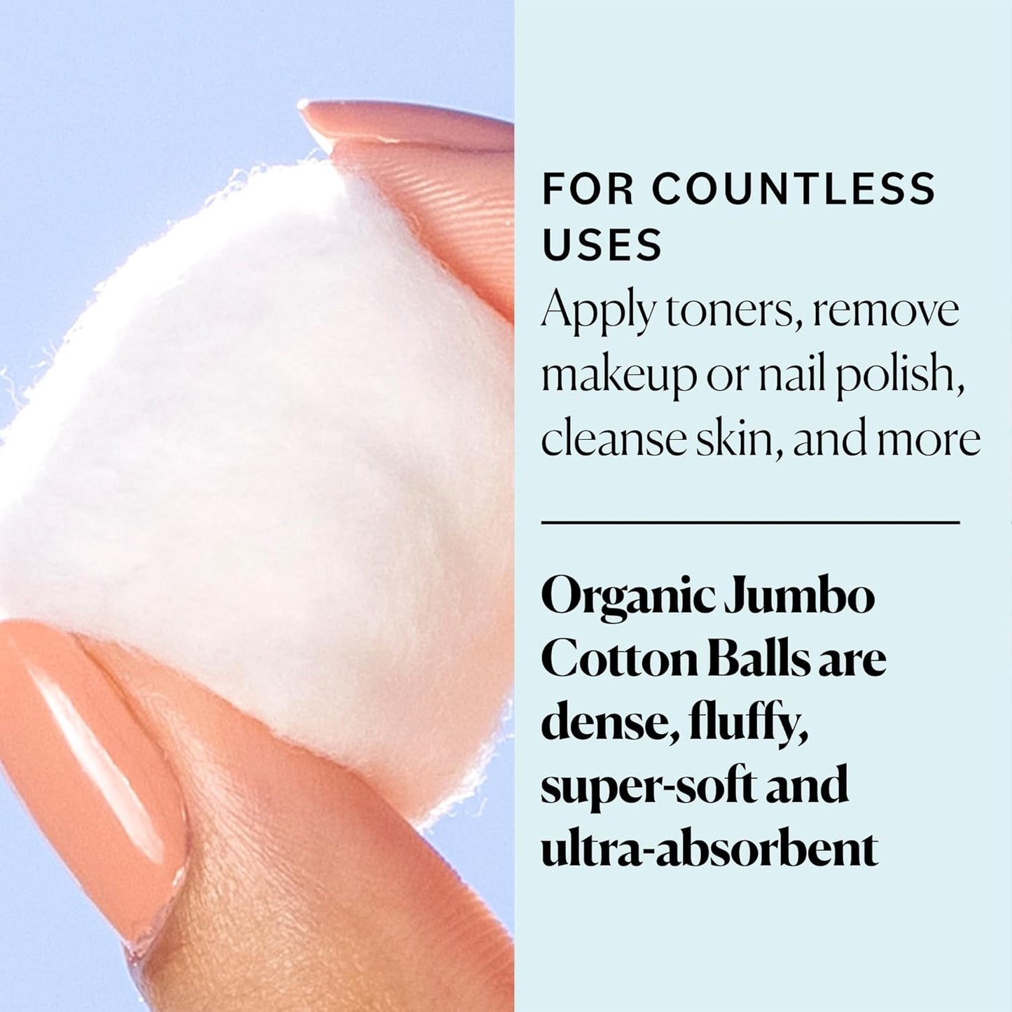 Organic Jumbo Cotton Balls for Sensitive Skin, 100% Pure Organic Cotton Sustainably Grown, Chlorine Free, Hypoallergenic, Ultra-Soft and Absorbant for Beauty&Personal Care, 300 Ct