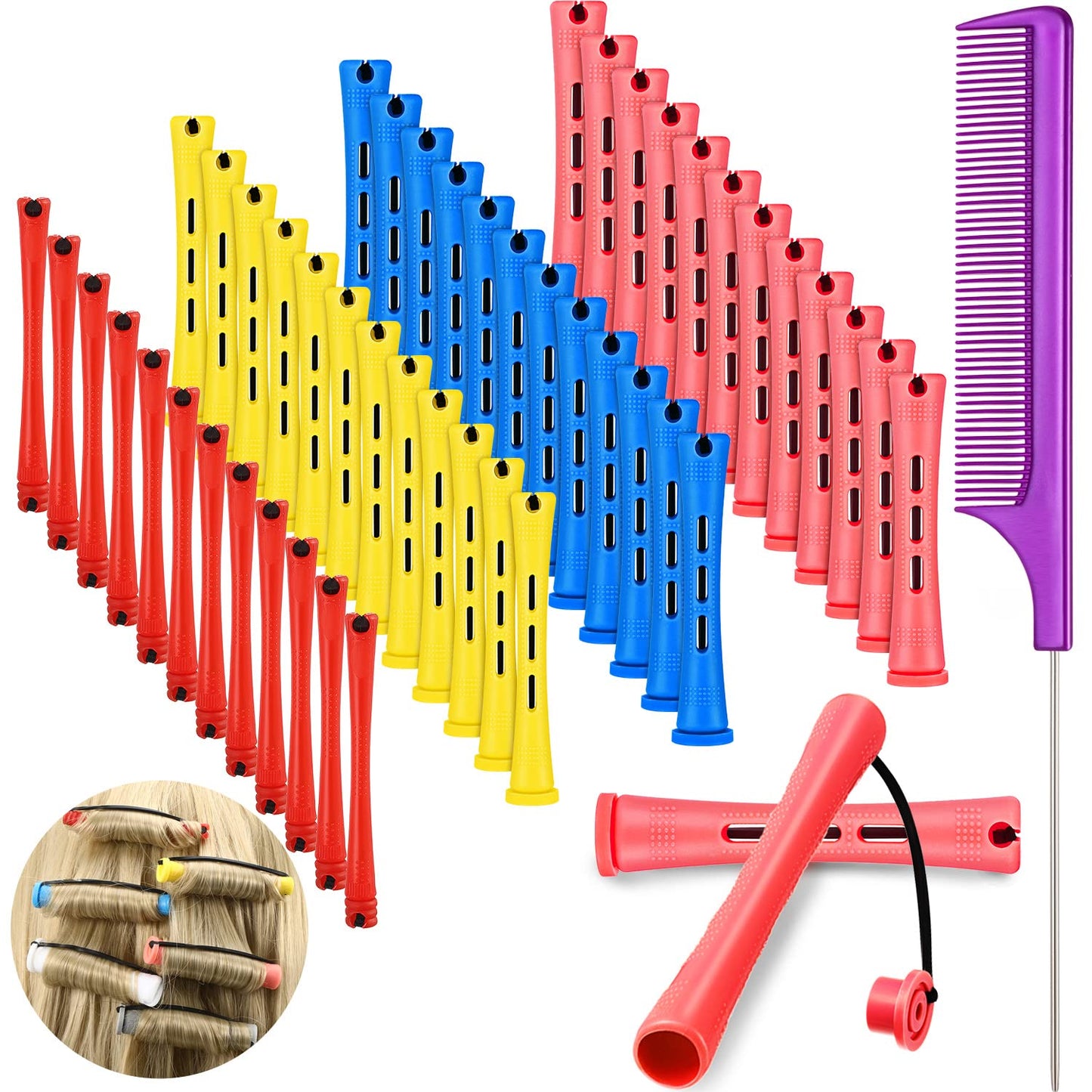 48 Pieces Hair Perm Rods Short Cold Wave Rods Plastic Perming Irons Hair Curling Rollers Curlers with Steel Pintail Comb Rat Tail Comb for Hairdressing Styling Supplies(0.2 Inch,Red)