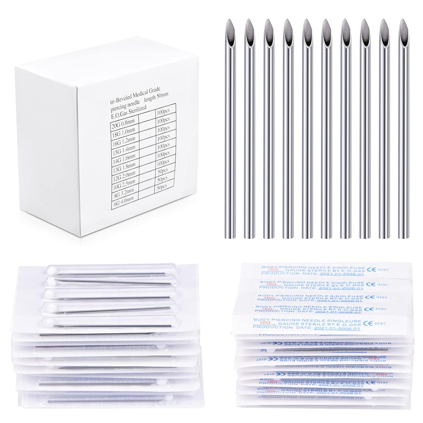 25PCS Mixed Body Piercing Needles, 12G 14G 16G 18G 20G Disposable Sterile Stainless Steel Piercing Needles for Ear Nose Navel Belly Nipple Tongue Lip Piercing