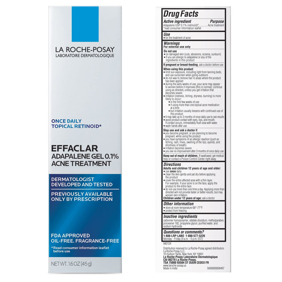 La Roche-Posay Effaclar Adapalene Gel 0.1% Acne Treatment, Retinoid Cream, Acne Medication Gel for Blackheads & Whiteheads, Oil Free, Helps Clear and Prevent Blemishes & Clogged Pores