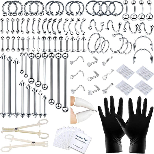 84 & 98 & 120 PCS Body Septum Piercing Kit 14G 16G Tools for Nose Tongue Lip Ear Eyebrow Belly Button Cartilage Tragus Industrial Barbell Helix Daith Piercing Jewelry Clamps