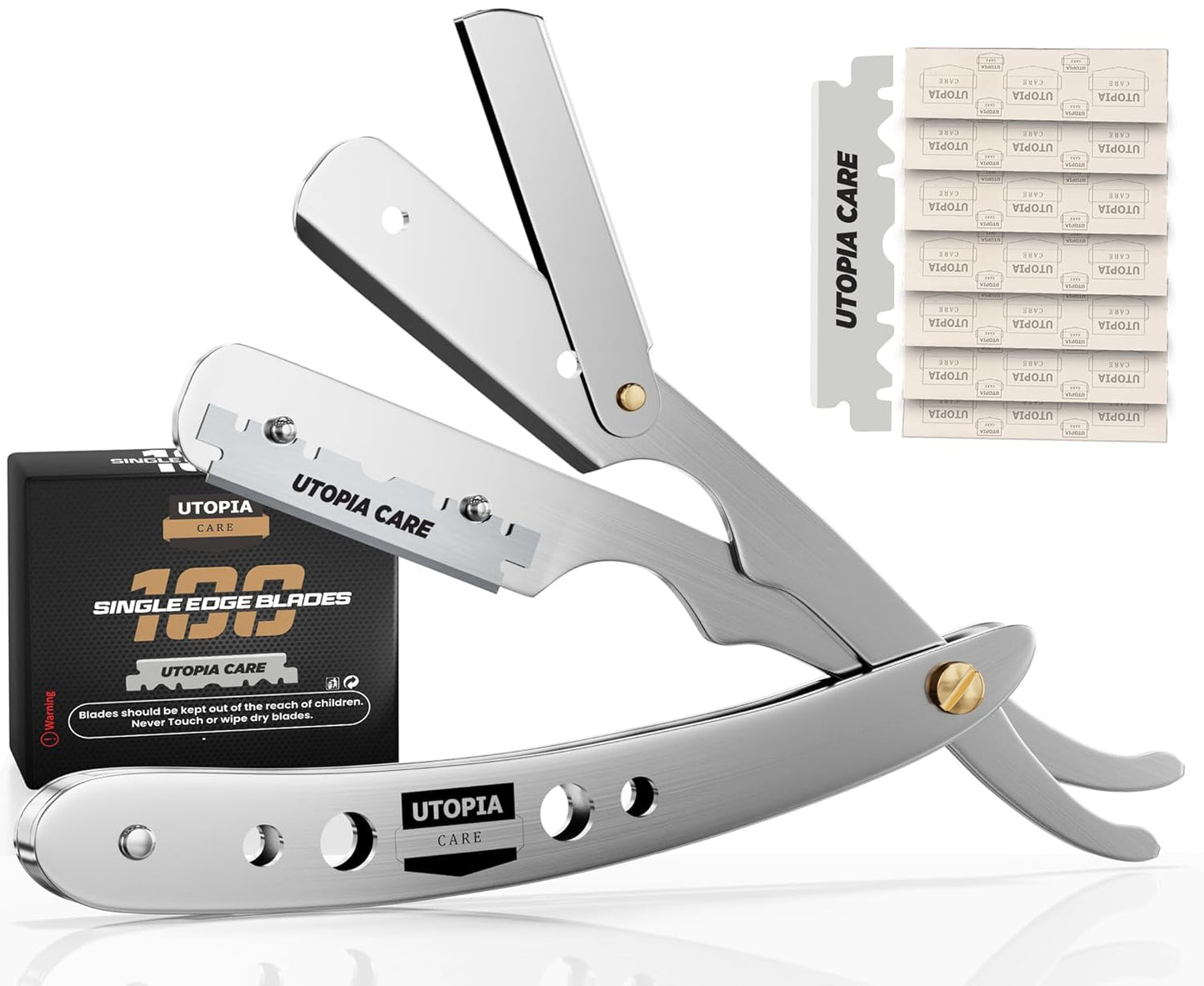 Professional Barber Straight Edge Razor Safety with 100-Pack Blades - 100 Percent Stainless Steel (Black)