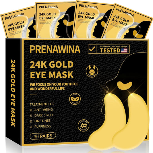 Under Eye Patches for Puffy Eyes Treatment 30 Pairs, 24K Gold under Eye Masks for Dark Circles and Puffiness, Eye Gel Pads W/Collagen, Sodium Hyaluronate, Rose Essence for Eye Bags Treatment