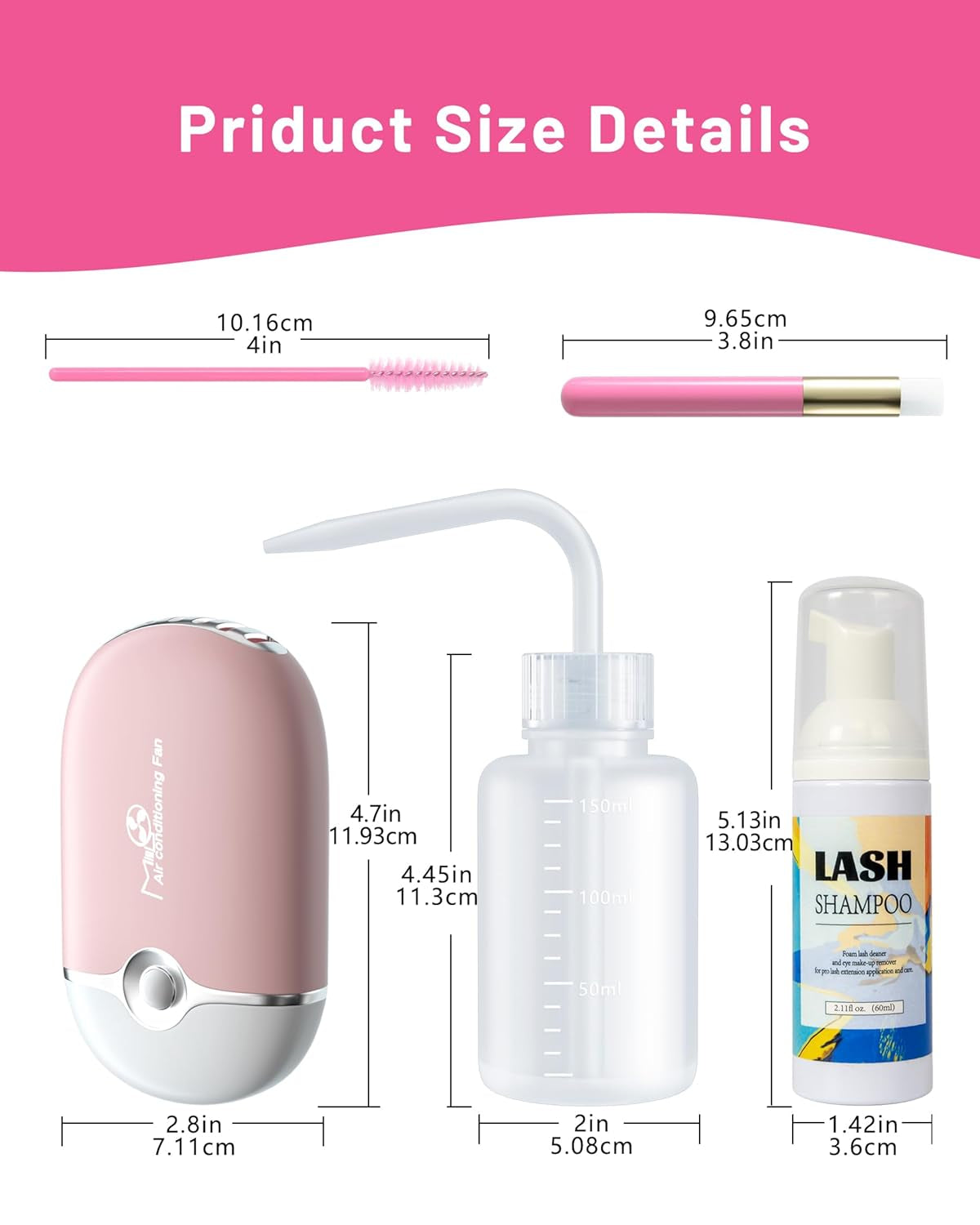 Lash Shampoo for Lash Extensions - 60ML Lash Extension Cleanser with Lash Fan Cleaning Brush Rinse Bottle and 50 Pcs Mascara Brush, Rich Foam Lash Wash for Eyelash Extension Home Use(Pink)