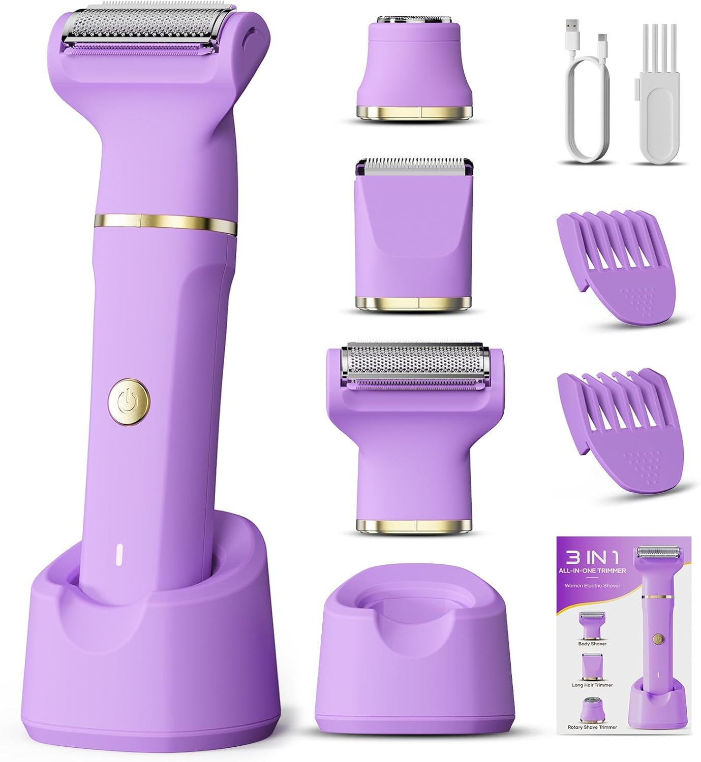 Bikini Trimmer for Women, 3 in 1 Electric Razors for Women, IPX7 Waterproof Wet Dry Body Shaver Pubic Hair Trimmer Facial Hair Remover with Ceramic Blade USB Recharge Dock Gift for Women