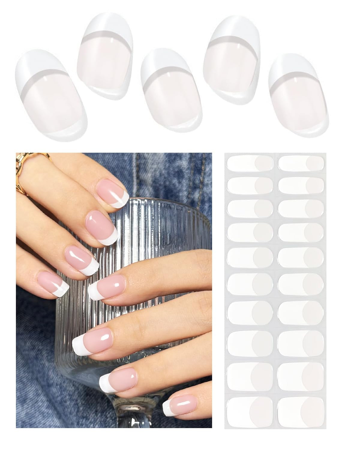 Semi Cured Gel Nail Strips, Classic French 20Pcs Semi Cured Gel Nails Sticker, Gel Nail Wraps UV for Home Nails DIY (Nude Transparent)