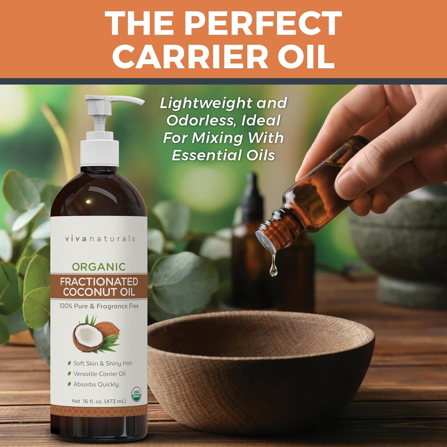 Organic Fractionated Coconut Oil - Skin & Hair Moisturizer, Relaxing Massage and Body Oil, Carrier Oil for Essential Oils Mixing, Pure Non-Greasy Coconut Oil for Skin and Hair, 16 Fl Oz