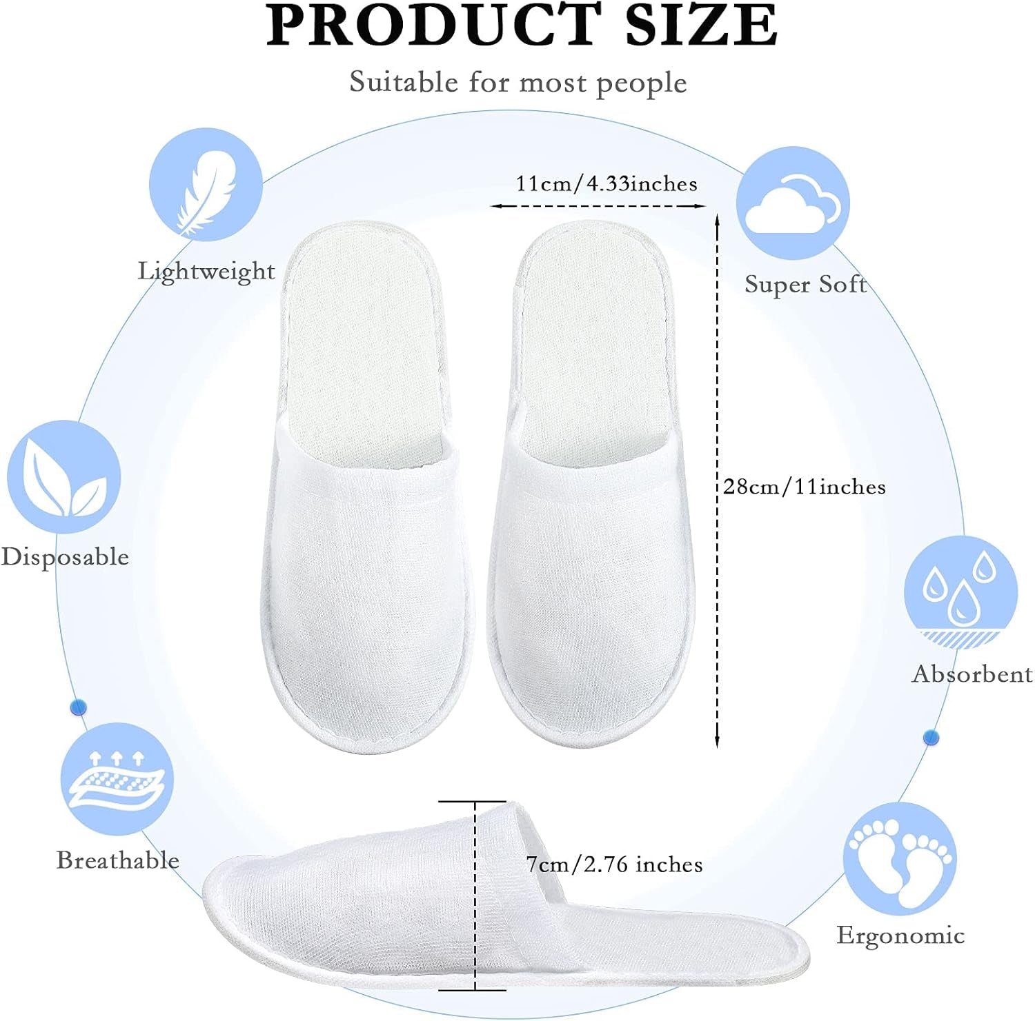 30 Pairs Disposable Slippers, White, Medium, Unisex-Adults, Closed Toe, Non-Slip, Spa, Hotel, Travel, Home, Sanitary, Breathable, Fleece Cloth, EVA