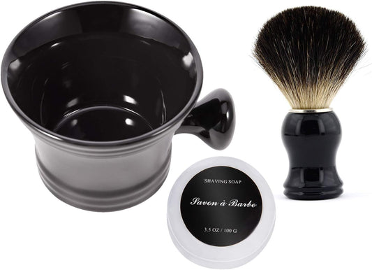 Ceramic Shaving Soap Bowl Kit for Men, Pure Badger Shaving Brush, Shaving Cream Soap, Wide Mouth, Ceramic Black Shaving Soap Bowl/Mug with Knob Handle