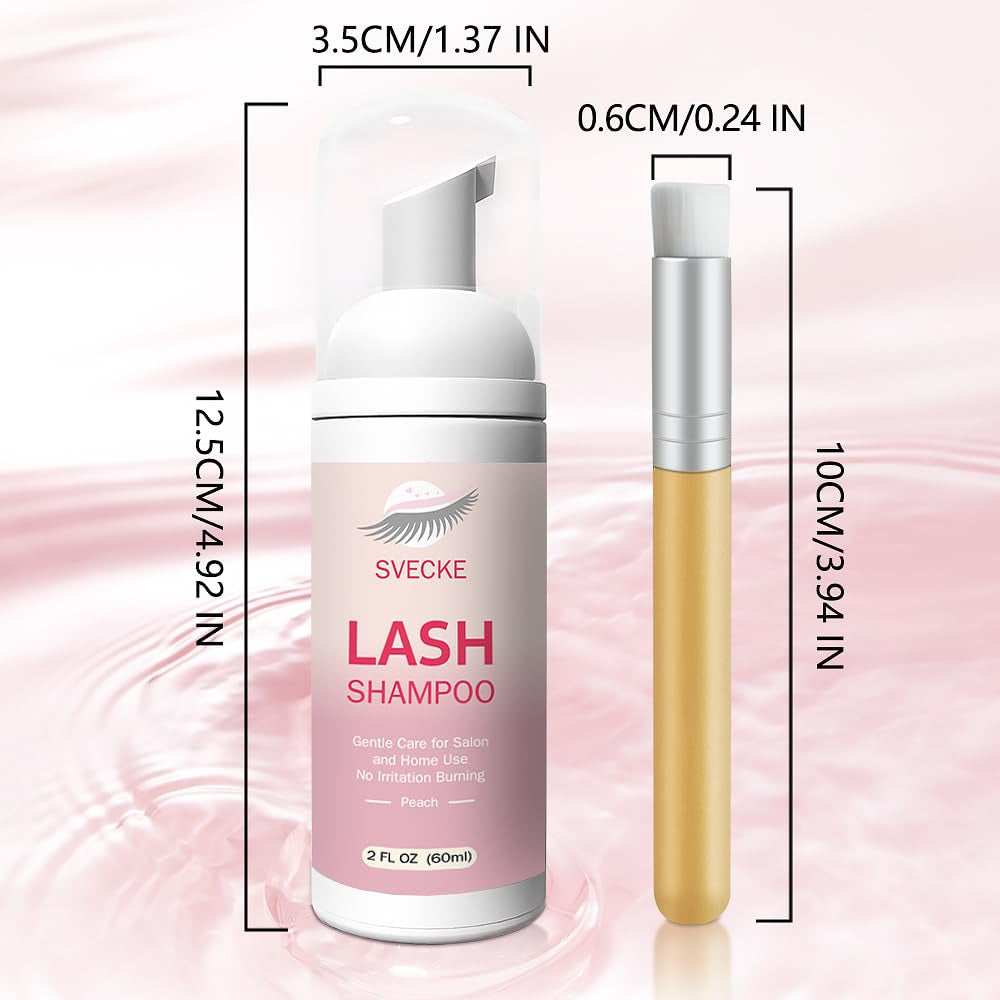 Lash Shampoo Kit for Eyelash Extension, Eyelash Shampoo 2 Fl.Oz / 60Ml, Eyelash Extension Cleanser, Lash Eyelid Foam Cleaning Kit for Salon Use and Home Use (Peach)