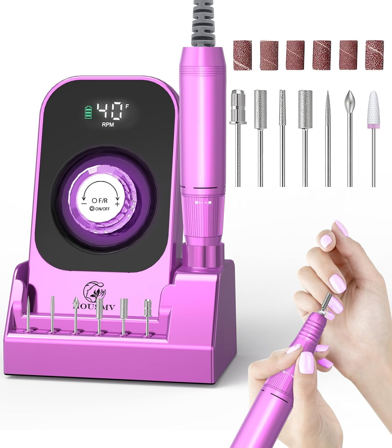 Portable Nail Drill Electric File: 40000RPM Professional Rechargeable Nail E-File Machine, Cordless Nail Drill with Bits & Base for Acrylic Nails Remove Nail Gel Polish Manicure for Salon Home, White