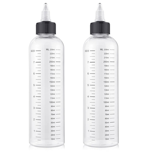 2 Pack Applicator Bottle for Hair, 8.5 Ounce Hair Oil Applicator Plastic Squeeze Bottle Root Hair Dye Bottle Twist-On Top Tip Cap with Clear Graduated Scale