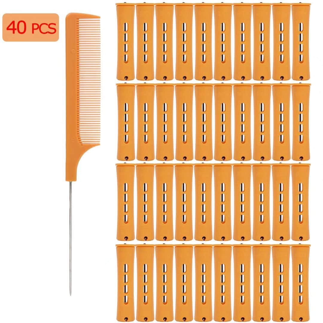 40Pcs Cold Wave Perm Rods Set for Women'S Long & Short Natural Hair - Plastic Orange Rollers for Curling and DIY Hairdressing