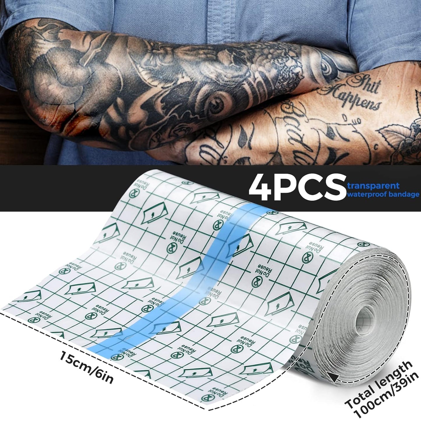 Tattoo Aftercare Waterproof Bandages, 6" X 4.4 Yard Tattoo Cover up Tape, Tattoo Supplies Second Skin Transparent Film Healing Protective Clear Sterile and Safe Bandages 4 Rolls (6" X 1.1 Yard/Roll)