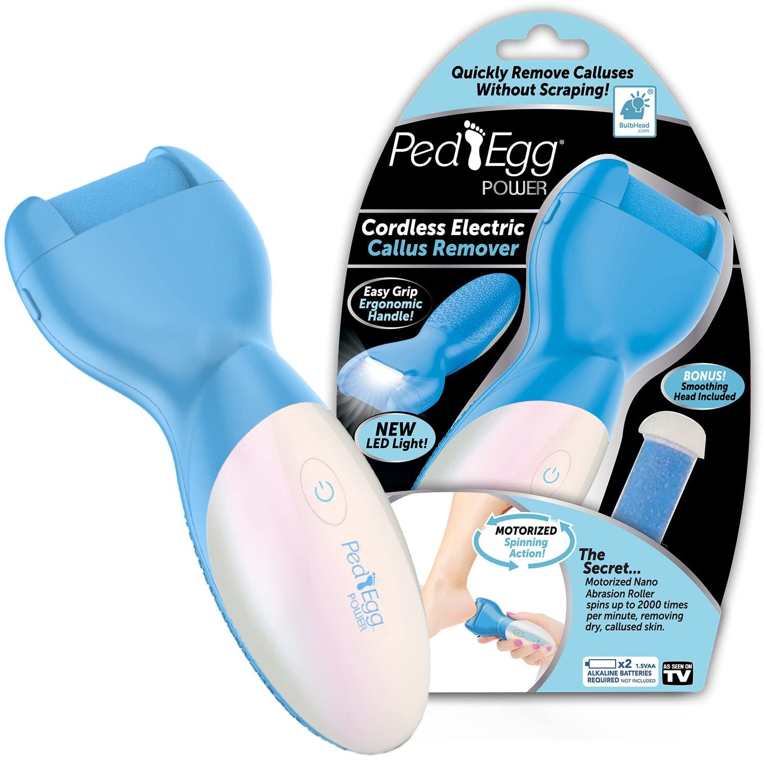 Pedegg Power Cordless Motorized Callus Remover W/ Bright LED Light as Seen on TV, Quickly Removes Calluses & Dry Skin W/ 2000 Rpms of Spinning Action for Smooth, Soft Feet, Easy-Grip Ergonomic Handle