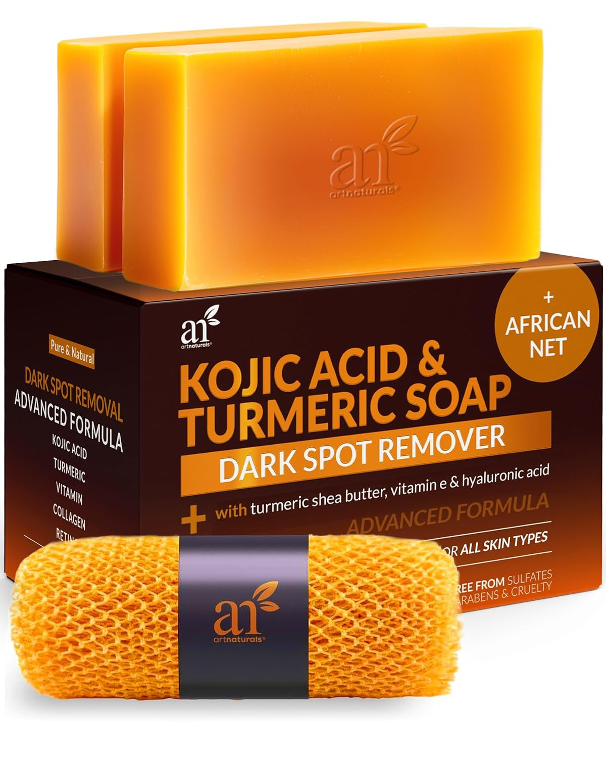 Kojic Acid Soap + African Net Sponge (2 Pack X 142G Turmeric Bars) Dark Spot Remover & Scars - Original Japanese Complex Vitamin C, Hyaluronic Acid, Retinol, Shea Butter (Citrus)