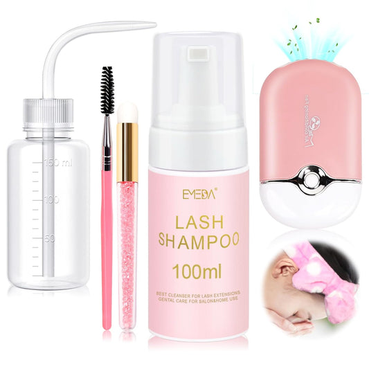 Lash Shampoo for Lash Extensions Lash Cleaning Kit with Lash Fan Dryer, Brush, Wash Bottle, Hair Band, Oil Free Foam Soap Cleaner Lash Bath Kit, Lash Wash Eyelash Extension Cleanser