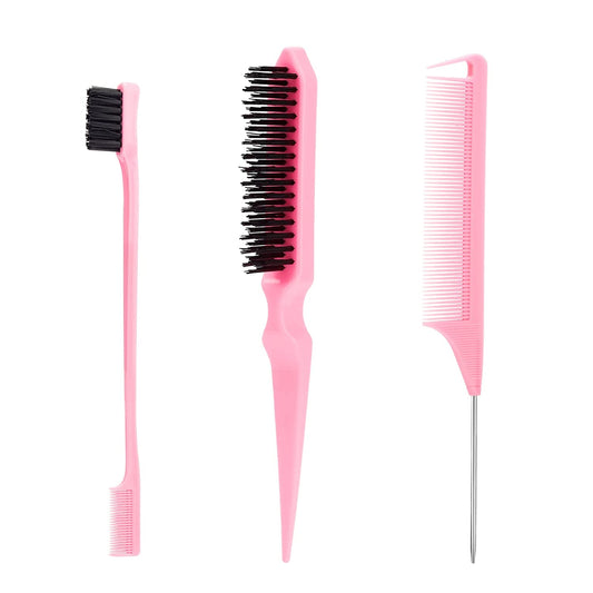 3 Pcs Slick Back Hair Brush with Rat Tail Comb, Edge Brush, Bristle Brush, Teasing Brush Set for Sleek Ponytail/Bun, Edge Control and Smoothing Baby Hair & Flyaways - Pink