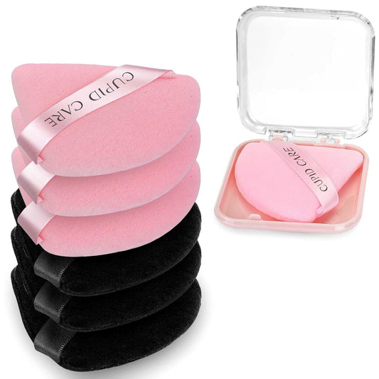 6 Pcs Triangle Powder Puff with 2 Travel Cases, Setting Powder Puffs for Face, Velour Makeup Puff for Loose Powder Body Powder, Blender Sponge Foundation Blending Sponges Beauty Tools