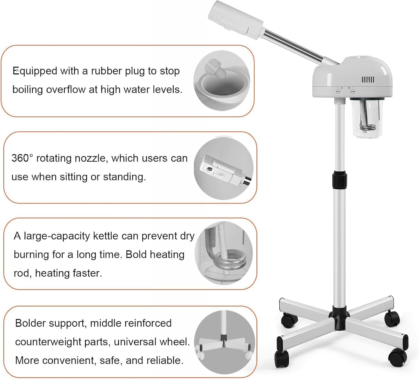 Professional Ozone Facial Steamer with Hot Mist Function, Stand Facial Steamer on Wheels, Height Adjustable & 360° Rotatable Nozzle, Use at Home & Salon SPA